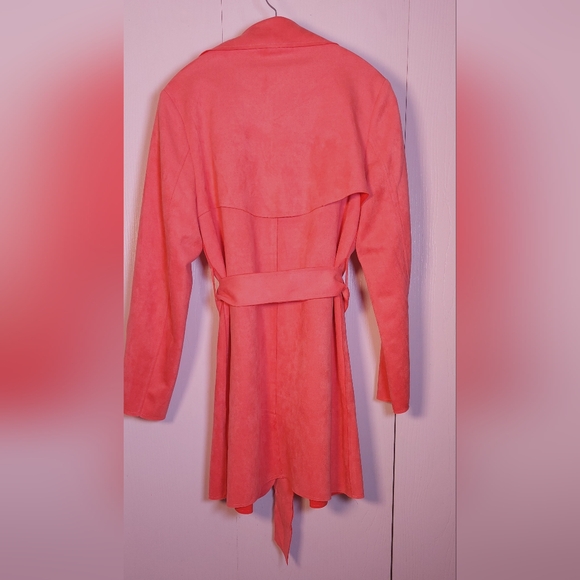 Solitaire Faux Suede Belted Trench Coat Size Large Waterfall Lapel Jacket Duster - Picture 3 of 16